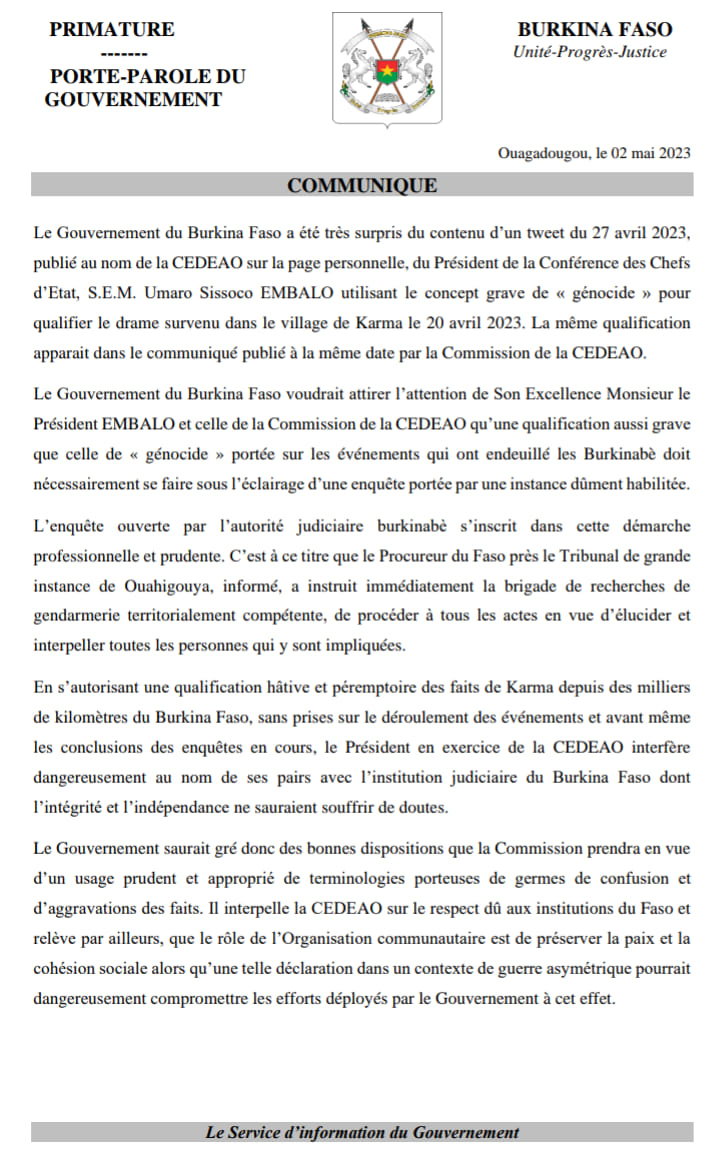 sigbf's tweet photo. #Communiqué
Le Gouvernement du Burkina Faso a été très surpris du contenu d’un tweet du 27 avril 2023, publié au nom de la #CEDEAO...

lire 👇👇👇
https://t.co/I1yUIlMxZd

#Com_Gouv_BF
#SIGBurkina
#BurkinaFaso https://t.co/RTZzPKLskM