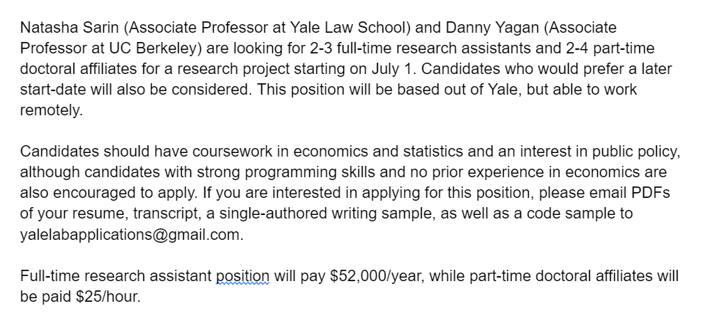 Natasha Sarin on Twitter: "#Econtwitter -- @Dannyyagan and I are hiring ...