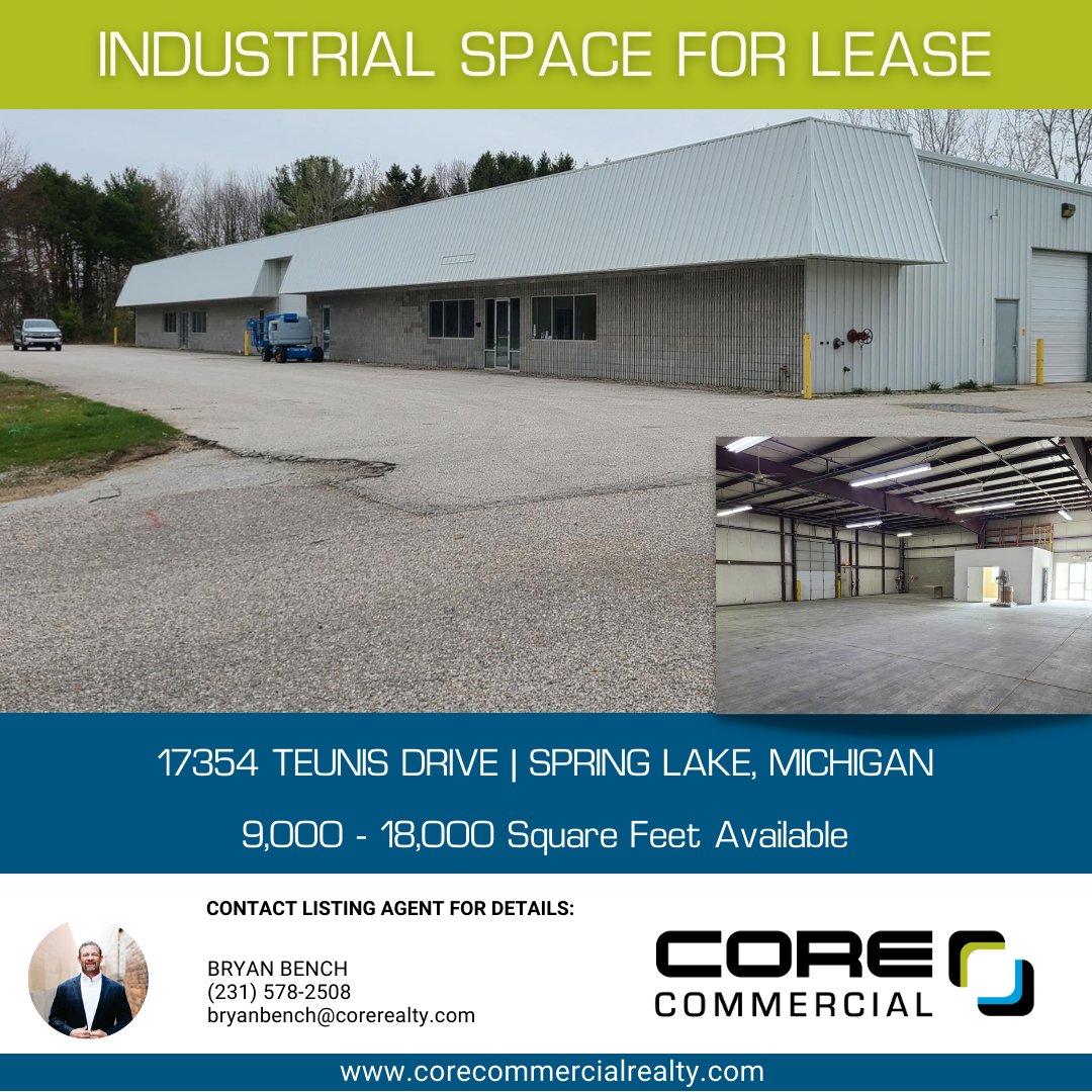 Manufacturing lease space in Spring Lake Township. Building is well equipped with good ceiling height (18' eave), multiple drive-in overhead doors, covered truck dock with leveler, good power, and fire suppression. 
#industrialspace #corecommercial #corevaluesequalsresults