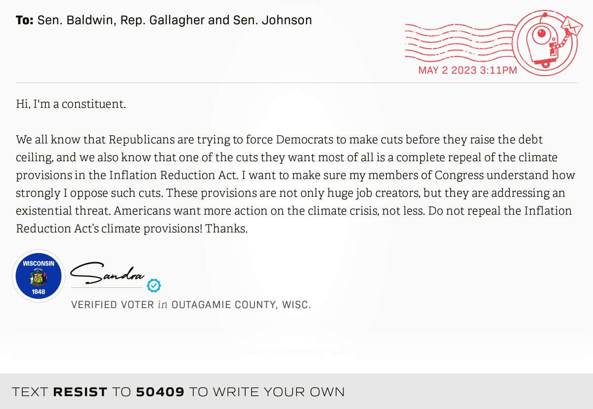 openletterbot's tweet photo. π¬ I delivered this βοΈ from Sandra, a π³ verified voter in Appleton, Wis., to @SenatorBaldwin, @chairmang and @SenRonJohnson #WI8 #WIpolitics π Write your own: https://t.co/z5540KoPID https://t.co/dDnenfENhD