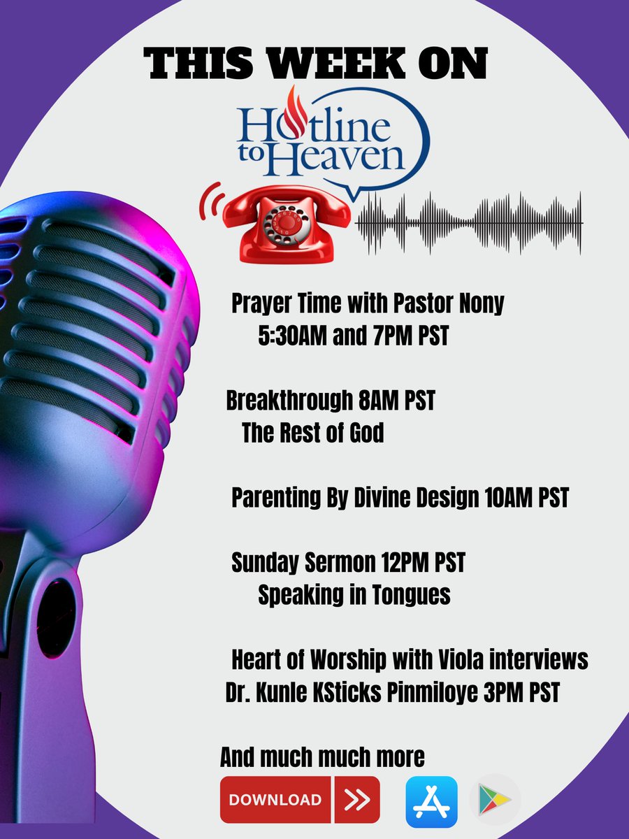 Not to be Missed❗️Tune in to this Week’s lineup and be Uplifted!

Click Now and Download!!
Apple Store
apps.apple.com/us/app/hotline…

Google Play Store
play.google.com/store/apps/det…

#HotlineToHeaven #H2H #ICCLAChurch