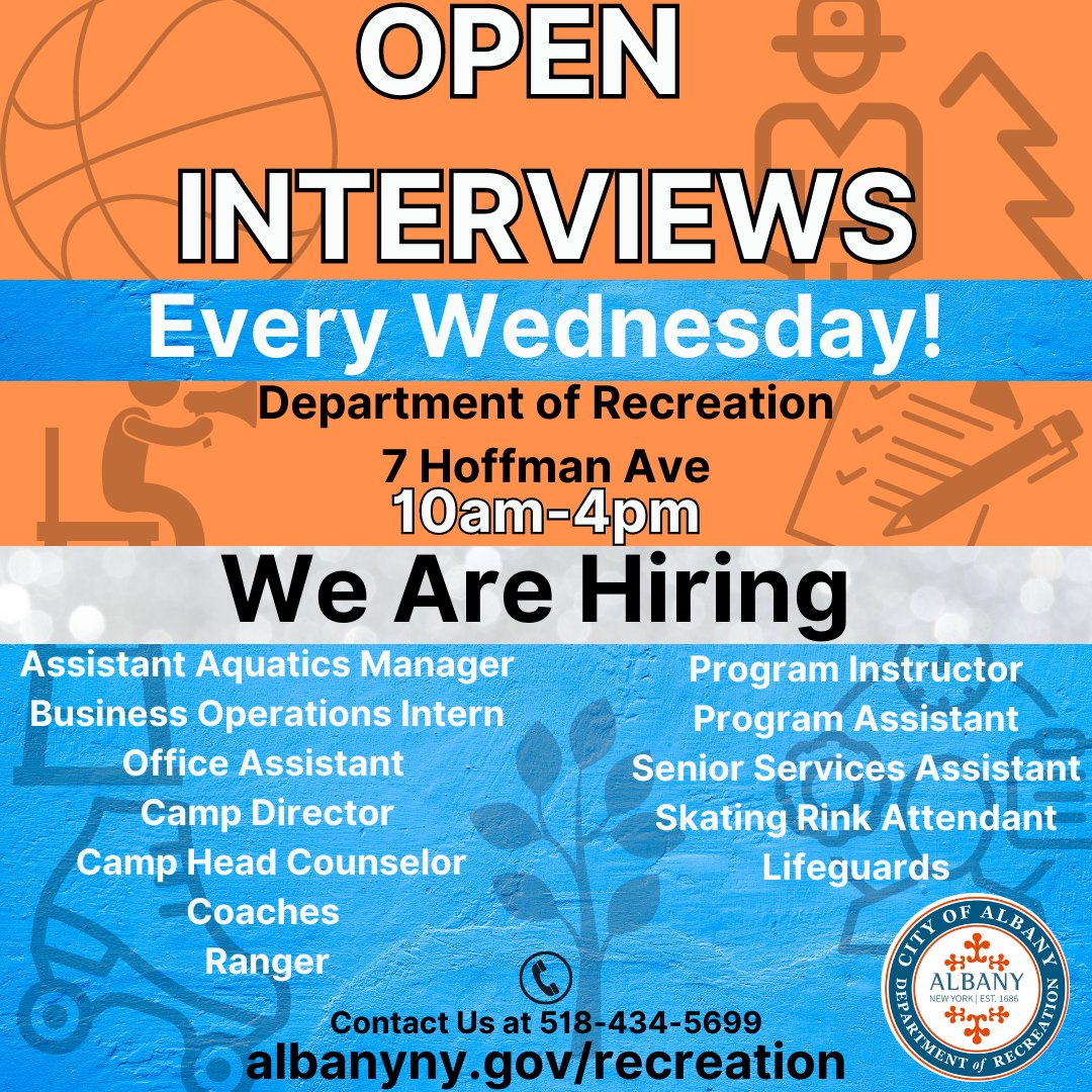 albanyNYrec's tweet image. Every Wednesday in the month of May, the Department of Recreation will be hosting open interviews from 10am-4pm for multiple seasonal employment opportunities. Open interviews start May 10th! We look forward to meeting you!
#nowhiring #interview #openinterview #albany #albanyny