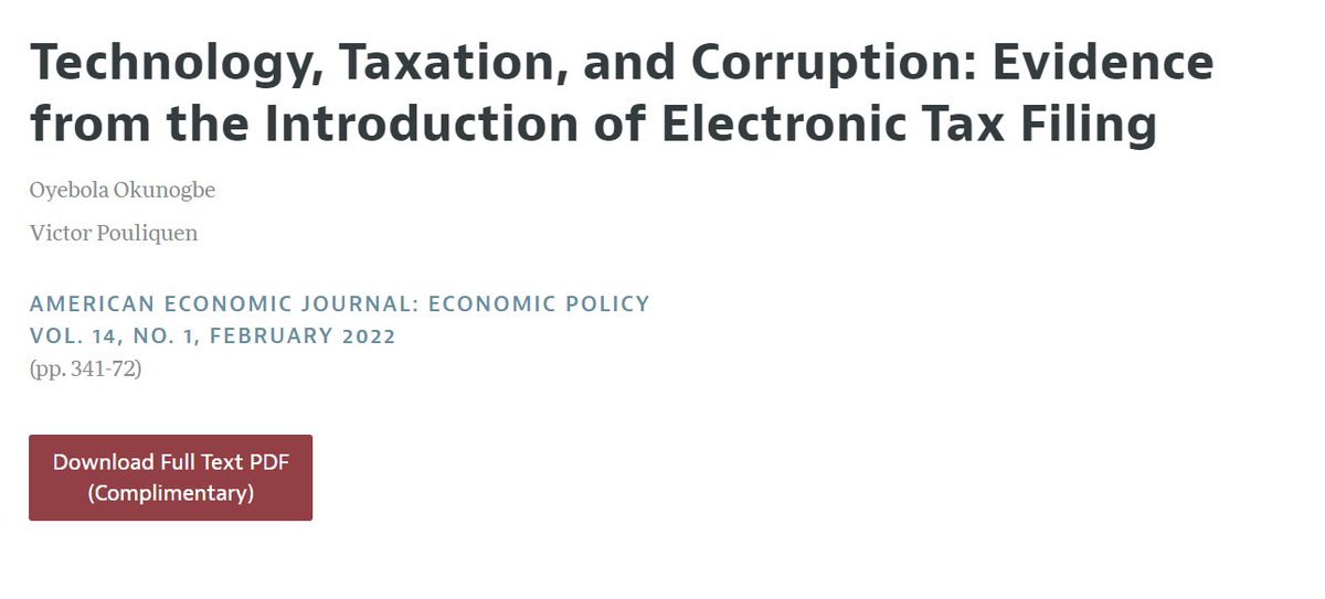 Such a wonderful honor- Our paper w @victorpouliquen was awarded best paper @AEAjournals:EP Broad question: Do e-government initiatives improve efficiency and reduce corruption? Answer: It depends 😀 THREAD on key lessons from e-filing in Tajikistan 1/n aeaweb.org/news/2023-aej-…