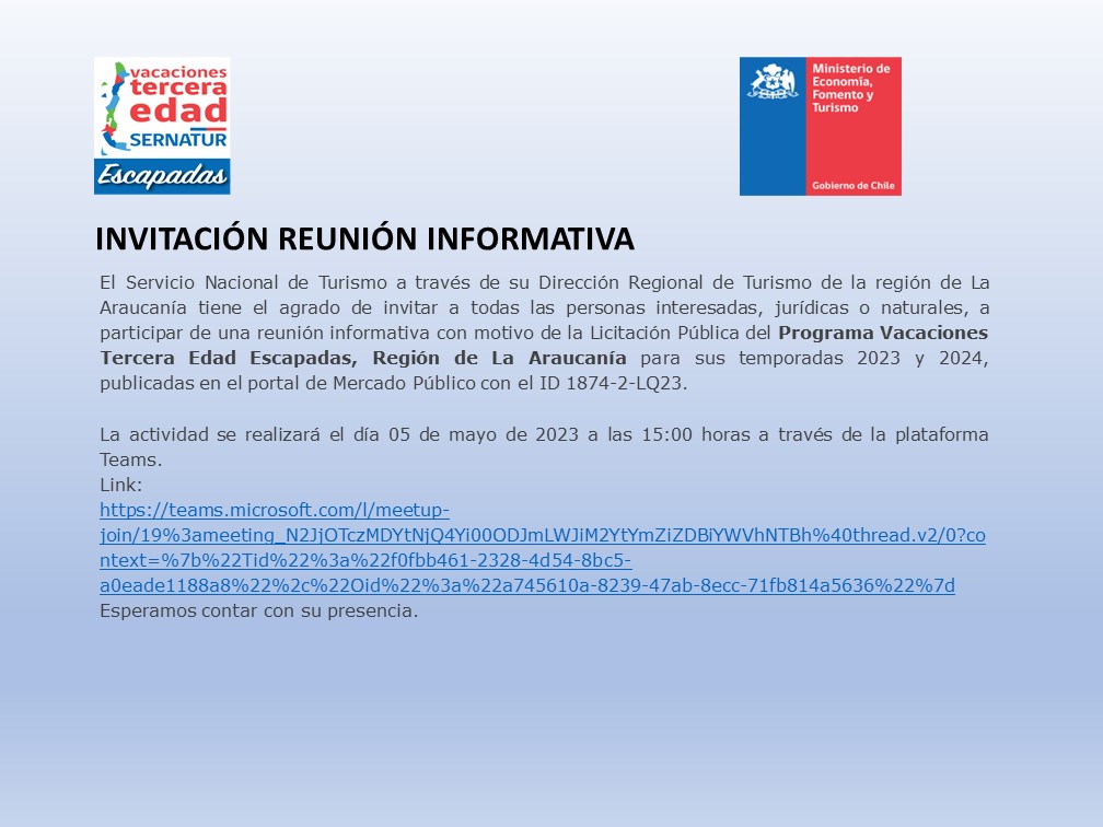 Sernatur_IX's tweet photo. 📍 ¡Importante! Este viernes 05 de mayo se realizará una reunión informativa a las 15 horas vía plataforma Teams. Pueden participar ingresando puntualmente en el siguiente enlace 🔗
https://t.co/5no09NkhIL https://t.co/m7ICiMtkeM