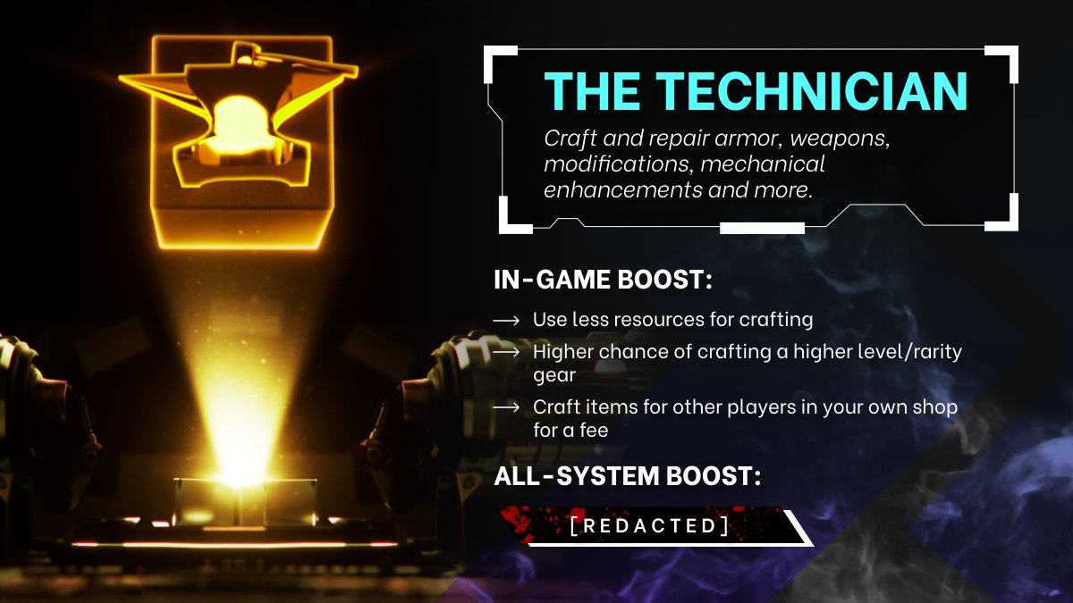 Kryptiverse's tweet image. 🛠️Craft and repair gear, and create mechanical enhancements to help combat mutations with the Technician class AiRM!🔧

Set up shop and set the fee for crafting items for other players! 💰🏬

#KRYPTI #TechnicianClass #NFTGaming #gamedev