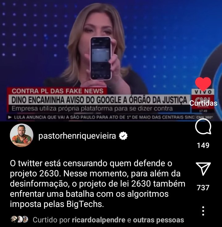 AdrianoTardoque's tweet image. Big Techs sabotando o projeto de lei dois meia três zero. A lógica neoliberal precisa esmagar direitos básicos para existir, ainda que só custo da manutenção de violência e fascismo.
instagram.com/reel/CrvYsKrgT…