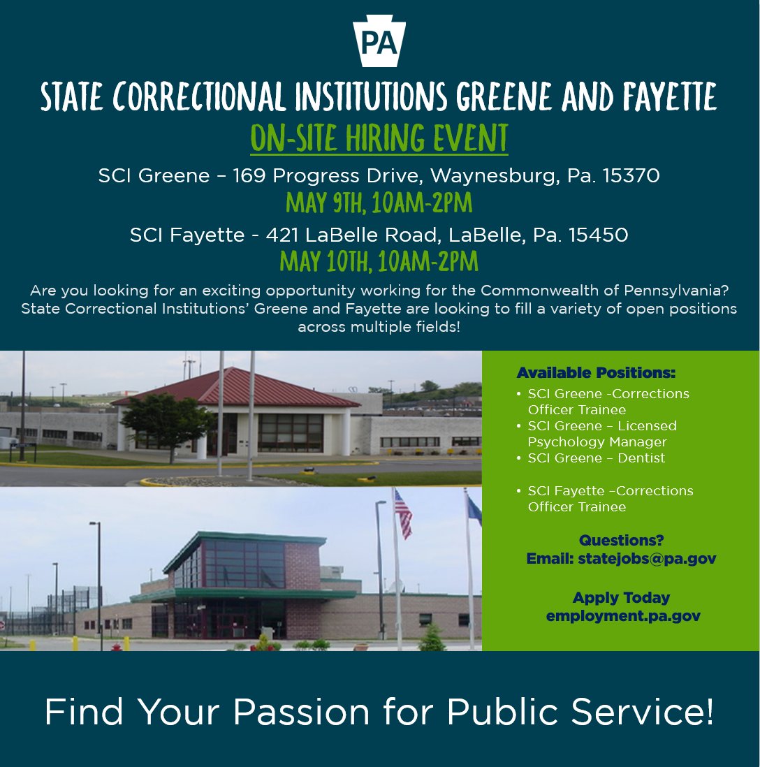 CorrectionsPA's tweet photo. SCI Greene and SCI Fayette will be hosting job fairs next week as they aim to fill a variety of open positions. #NowHiring #JobFair #CorrectionsJobs https://t.co/7GZKigsYwx