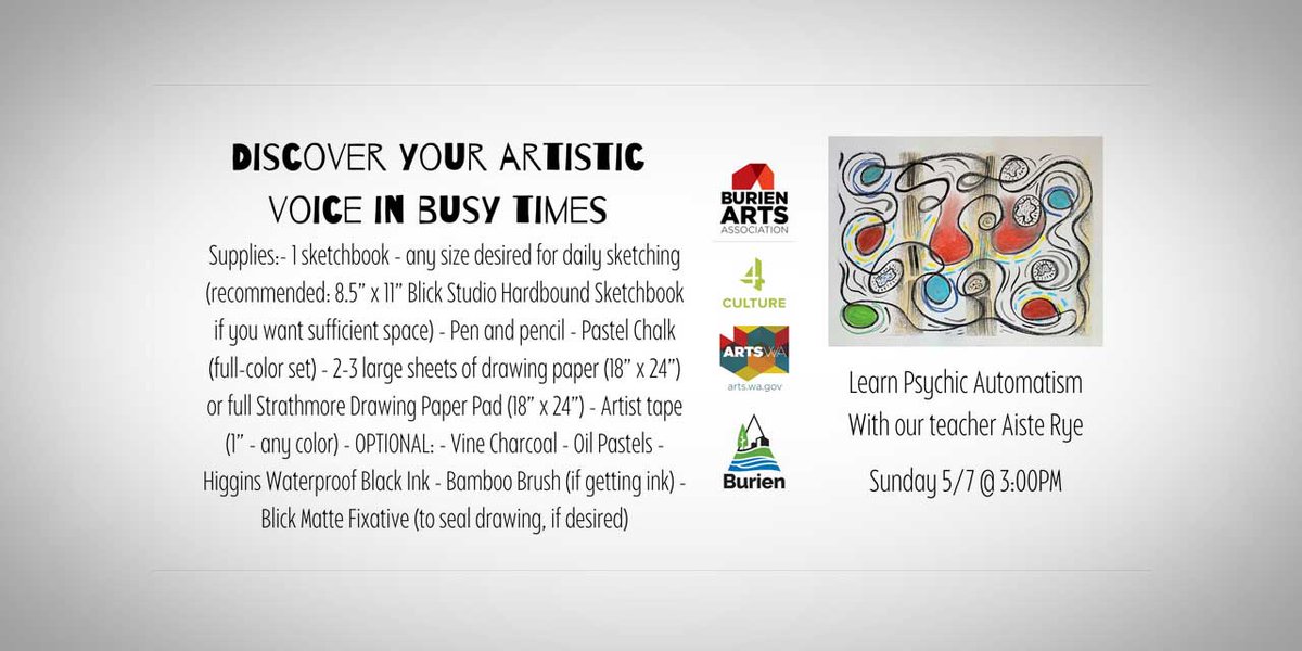 btownblog's tweet image. This Sunday’s free @BurienArts online art class will focus on ‘Psychic Automatism’: b-townblog.com/event/this-sun… #burien #buriennews #arts #artclass