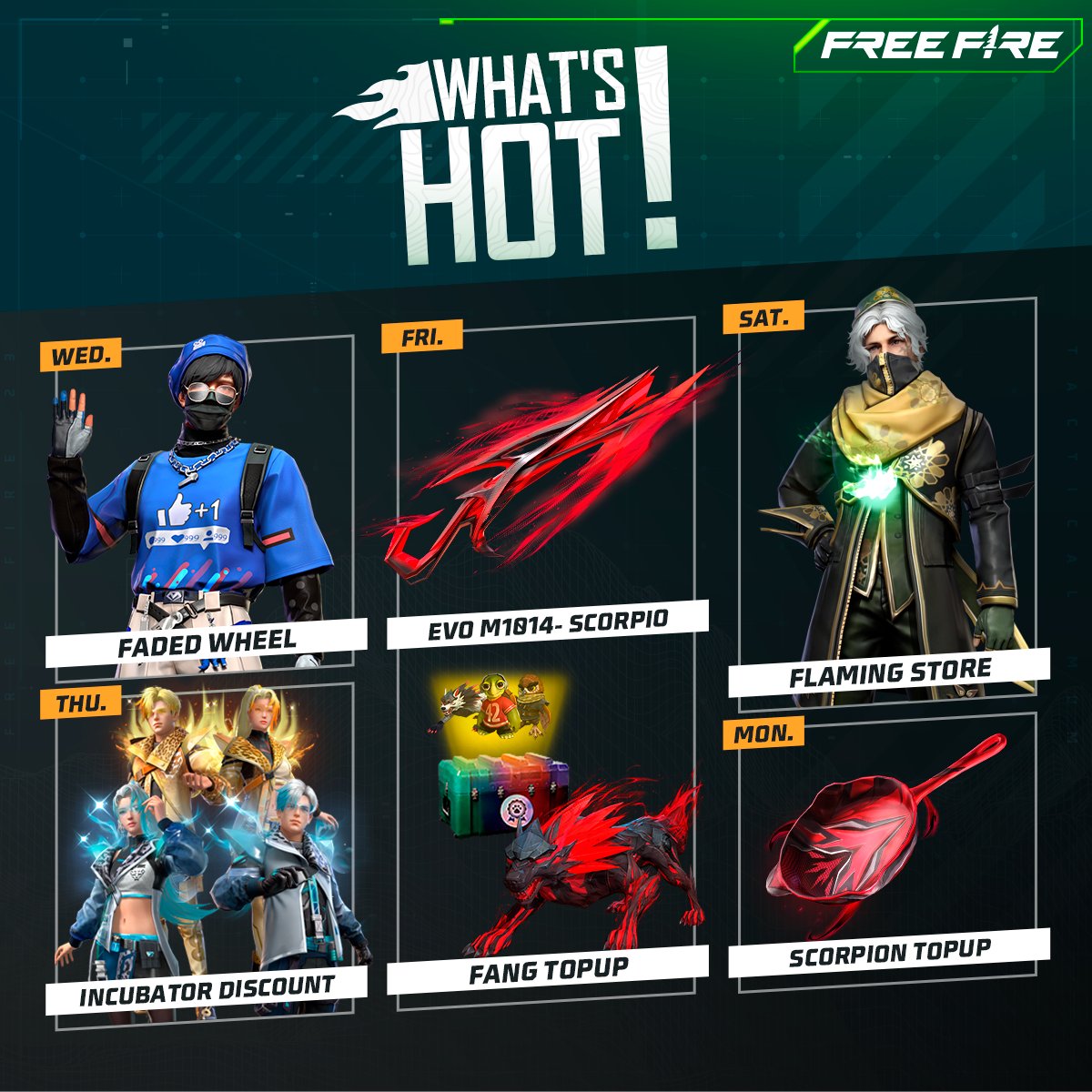 Garena Free Fire North America on X: 📕💥WEEKLY SCHEDULE TIME📕💥 Let's  kick off Booyah Day! Get the new Evo UMP, enter the Faded Wheel, a new  Diamond Royale, and get discounted bundles