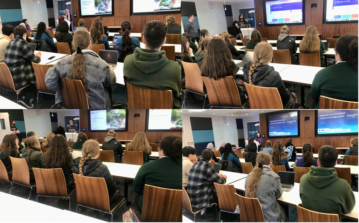 Part 1 of the popular 4in1 offered to secondary schools visiting @insight_centre at @uniofgalway is #ResearchTalks by our researchers incl Atiya,Eoin,Huan & Rory on topics incl Automatic Colourisation of b/w films,IoT sensors,& how Recommenders & Knowledge Graphs work @galwayDSI