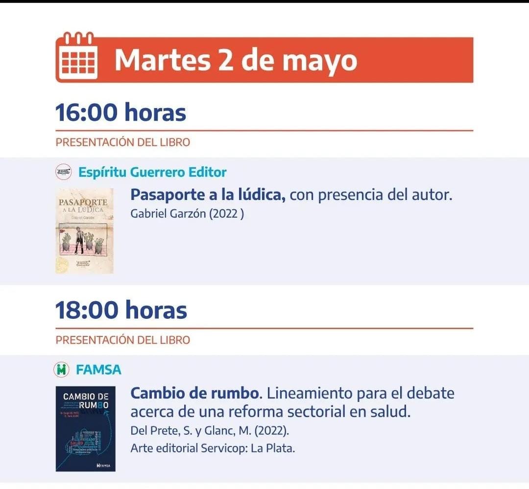 Hoy 18:00hs <a href="/JuanPivetta/">Juan A. Pivetta</a> en la <a href="/ferialibro/">Feria del Libro</a> - 
Stand 625 - Pabellón azul <a href="/FAMSAFederacion/">Federación Argentina de Mutuales de Salud</a>