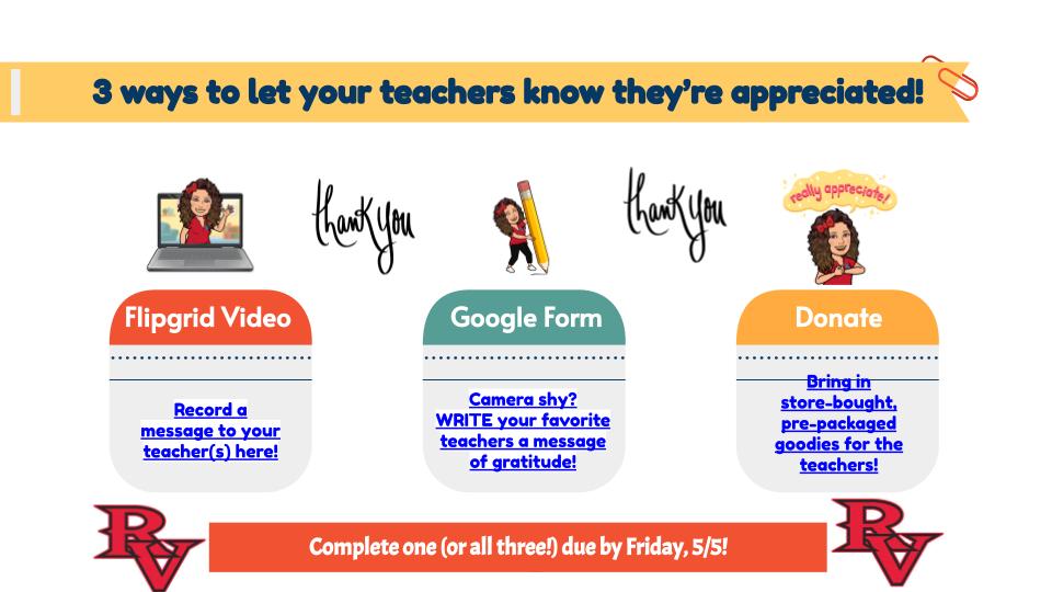 Let our teachers and staff know they’re appreciated! We invite you to take a few moments to share your thoughts about the teachers that have made a difference in your life or your child’s life! bit.ly/2023RVteachers