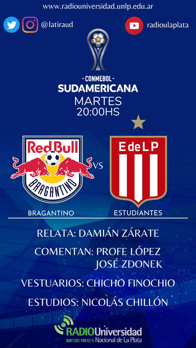 #SentimosElFutbol⚽
⏰ 20hs

#Bragantino 🆚 #EDLP

🎙Relata: <a href="/damianzarate1/">Damián Zárate 💚☀️</a>
 🗣Comentan: <a href="/JoseZdonek/">José Manuel Zdonek</a>
<a href="/ElProfesorLopez/">El Profesor Lopez</a>

Junto a <a href="/lucasfinochio/">Chicho Finochio</a> <a href="/nicolaschillon/">Nicolás Chillón Fouquet</a> y equipo
 
📻 <a href="/radioulaplata/">Radio UNLP</a>
📱 youtube.com/@radioulaplata
🌐radiouniversidad.unlp.edu.ar