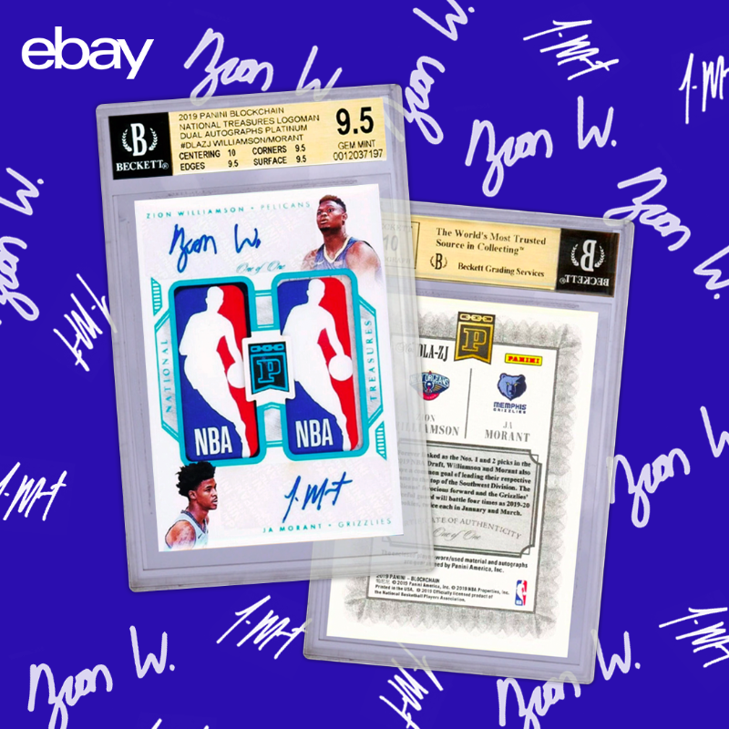 eBay's tweet photo. Zion Williamson and Ja Morant on the same side? It may seem impossible but this one-of-one grail from @probsteinauctions proves otherwise. With both 2019 ‘s top two draft picks, this Panini National Treasures Logoman Dual Auto Rookie is a must-get. Jump to bid. #RareAuction