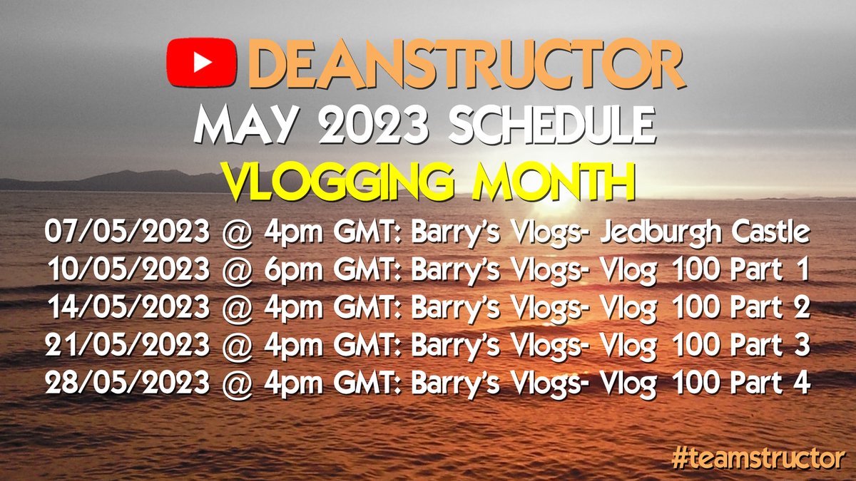 deanstructor's tweet image. May the vlogs be with you. A month of vlogging including a 4-part vlog 100!  Here's the schedule for May 2023 #teamstructor #deanstructorYouTubechannel