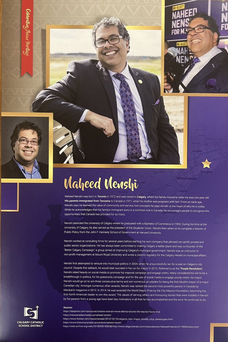 Proud to honour <a href="/nenshi/">Naheed Nenshi</a> this month, in honour of Asian Heritage Month with the @CCSD_edu. Born in Toronto, raised in Calgary, he embodies so much goodness and positivity. His parents were born in Tanzania and were hard workers who instilled in Nenshi so many positive values.