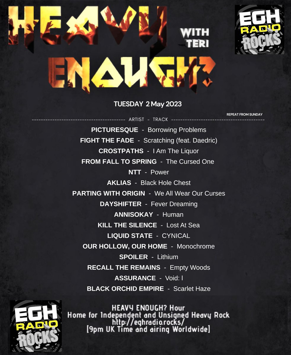 MusicMattersTee's tweet photo. #TuneIn @EGHRocks #HeavyEnough?Hour right now!
#ListenHere⇒https://t.co/aQGYmXtSH9
#NowPlaying great new music from-
@picturesqueband
@FightTheFade
@crostpaths
@ffts_ger
@AlwaysNTT
@AkliasOfficial
#Partingwithorigin
@dayshifteruk
...and more to come Enjoy! #NewMusicAlert #replay https://t.co/YEC4idSZmU