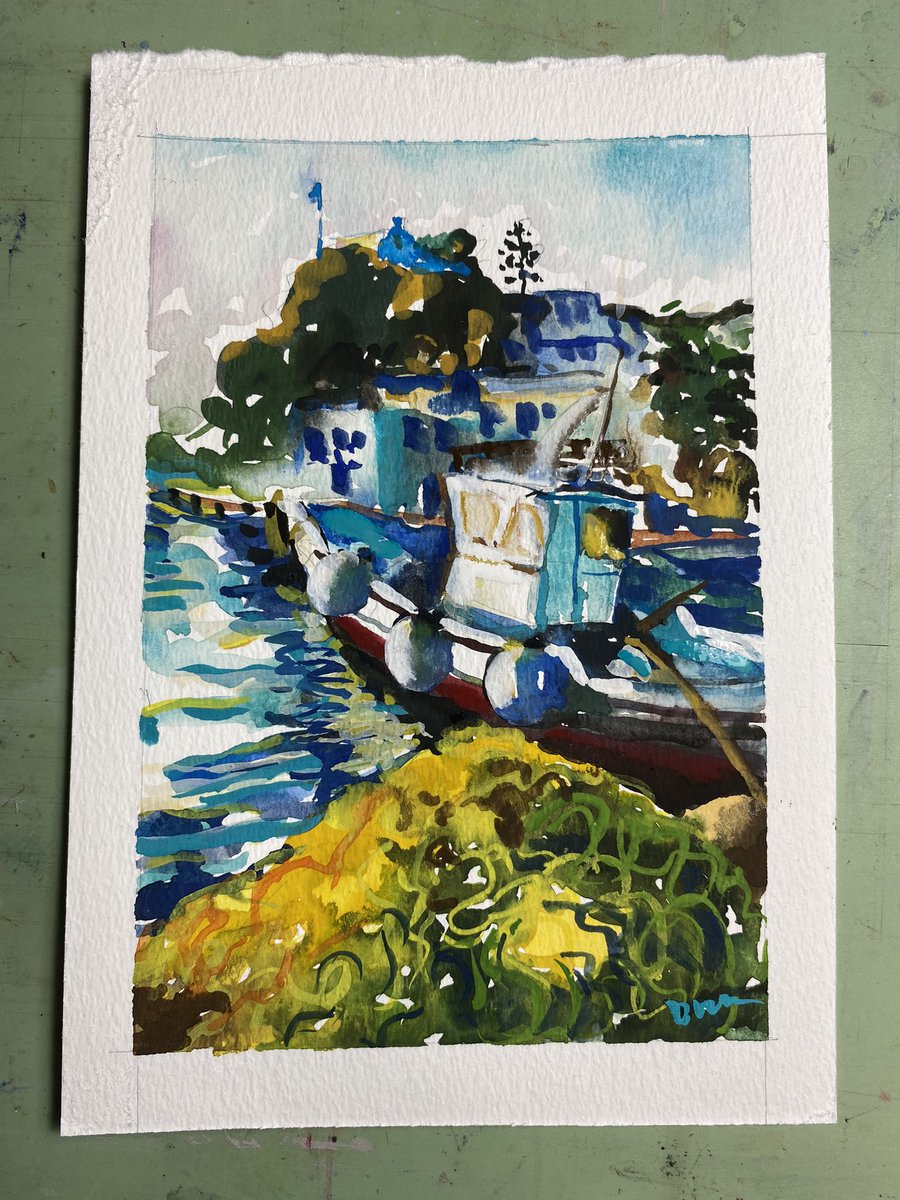 Hoping my entry to @twitrartexhibit arrives safely!
#twitterartexhibit #tae23 #gouache #postcardart #greekart #seascape #greekislands #fishingboats