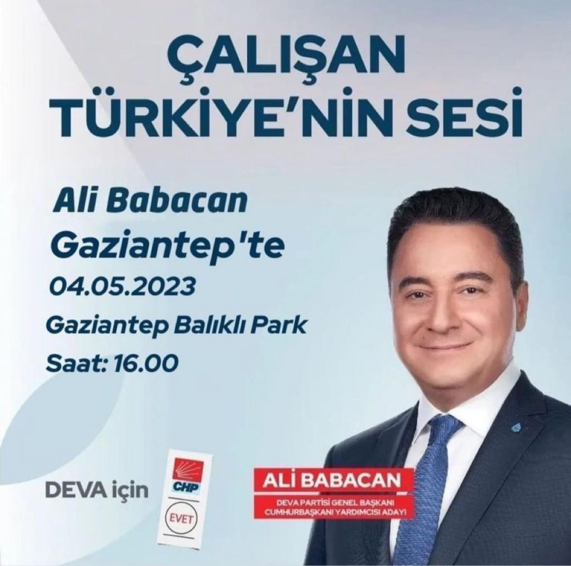 Deva Partisi Şahinbey (@sahinbeyedeva) on Twitter photo Genel başkanımız Sn.Ali BABACAN 4 Mayıs Perşembe günü balıklı meydanında siz değerli vatandaşlarımızla buluşuyor, tüm vatandaşlarımız davetlidir.<a href="/alibabacan/">Ali Babacan</a> <a href="/sahinbeyedeva/">Deva Partisi Şahinbey</a> <a href="/Taner030614/">Taner YILMAZ</a> <a href="/GaziantepDeva/">Gazişehir</a> <a href="/alikarakan27/">Ali Karakan</a> <a href="/gazianteptedeva/">Gaziantep Deva Partisi İl Başkanlığı</a> <a href="/devapartisi/">DEVA Partisi</a> <a href="/barisbayhn/">Barış Bayhan</a> <a href="/avertugrulkaya/">Ertuğrul Kaya</a> Genel başkanımız Sn.Ali BABACAN 4 Mayıs Perşembe günü balıklı meydanında siz değerli vatandaşlarımızla buluşuyor, tüm vatandaşlarımız davetlidir.<a href="/alibabacan/">Ali Babacan</a> <a href="/sahinbeyedeva/">Deva Partisi Şahinbey</a> <a href="/Taner030614/">Taner YILMAZ</a> <a href="/GaziantepDeva/">Gazişehir</a> <a href="/alikarakan27/">Ali Karakan</a> <a href="/gazianteptedeva/">Gaziantep Deva Partisi İl Başkanlığı</a> <a href="/devapartisi/">DEVA Partisi</a> <a href="/barisbayhn/">Barış Bayhan</a> <a href="/avertugrulkaya/">Ertuğrul Kaya</a>