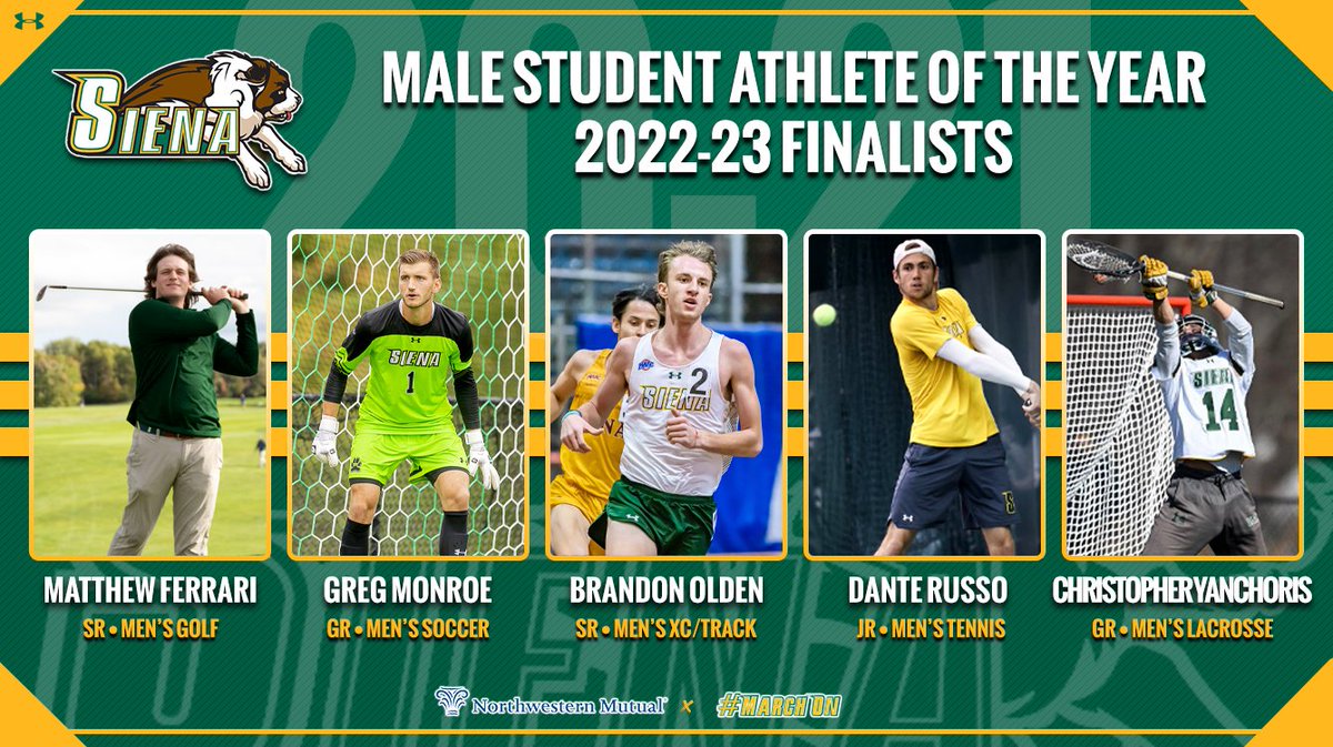 🏅 Your finalists for 2⃣0⃣2⃣2⃣-2⃣3⃣ #SienaSaints Male Student Athlete of the Year 

🏌️‍♂️ Matthew Ferrari
⚽️ <a href="/gregorymmonroe5/">Greg Monroe</a> 
🏃‍♂️ Brandon Olden
🎾 Dante Russo
🥍 <a href="/YANchovies/">Chris Yanchoris</a> 

#MarchOn