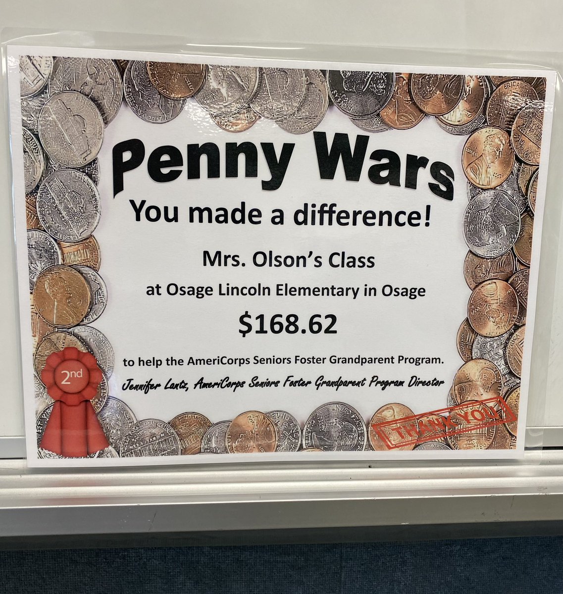 MrsO2ndGrade's tweet photo. Our classroom had a blast collecting change for the Penny Wars contest for the Foster Grandparent Program!  We love Grandma Sheral so it was easy to do! 💚#osagegreendevils #FosterGrandparentProgram https://t.co/lQbnTUnPz7