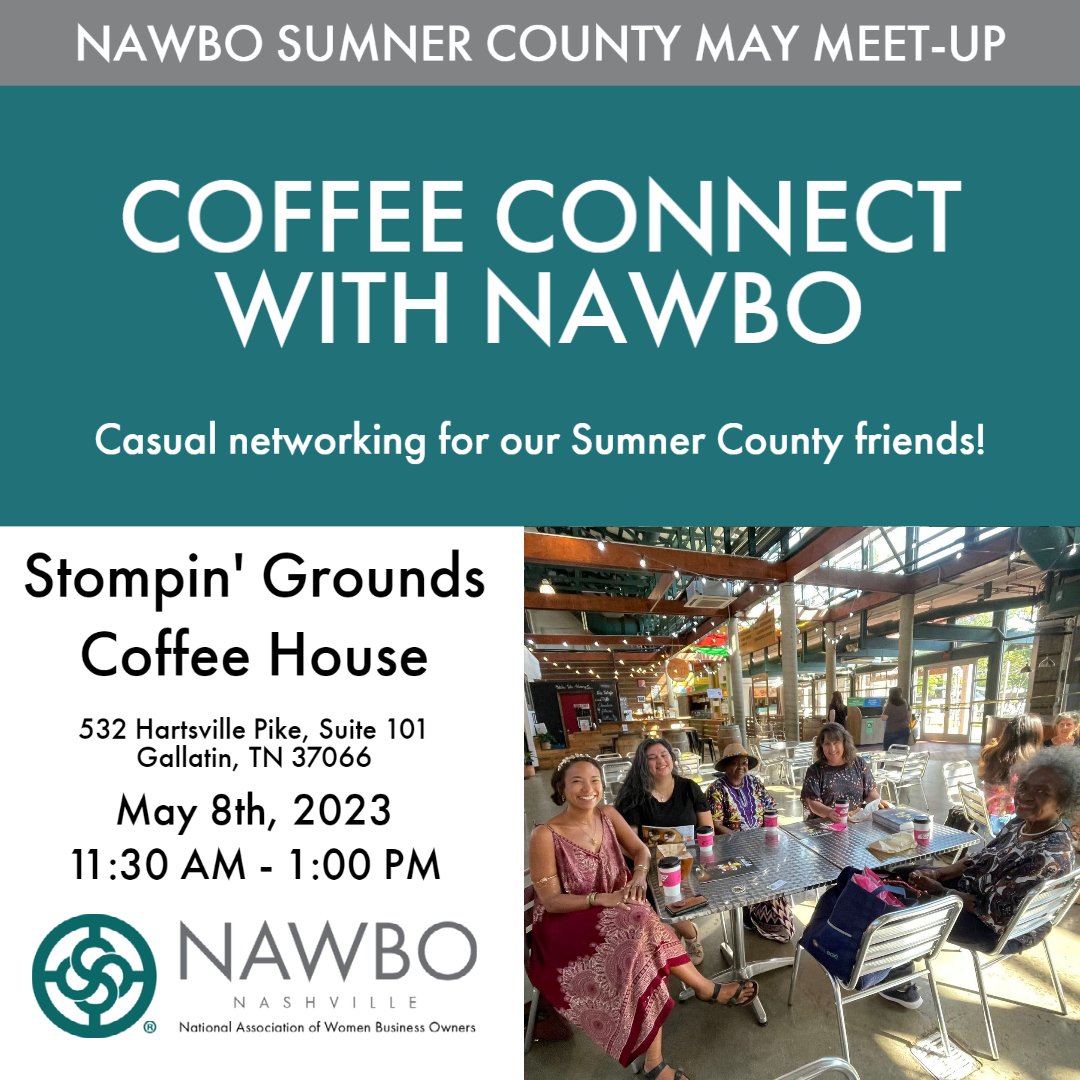 Our next Sumner County Coffee Connect is one week away! Join us on December 7th at Stompin' Grounds Coffee House in Gallatin for free casual networking and get to know other women business owners. Register today:  bit.ly/3ATXMKh 

#NashvilleNAWBO #NAWBO #JoinNAWBO