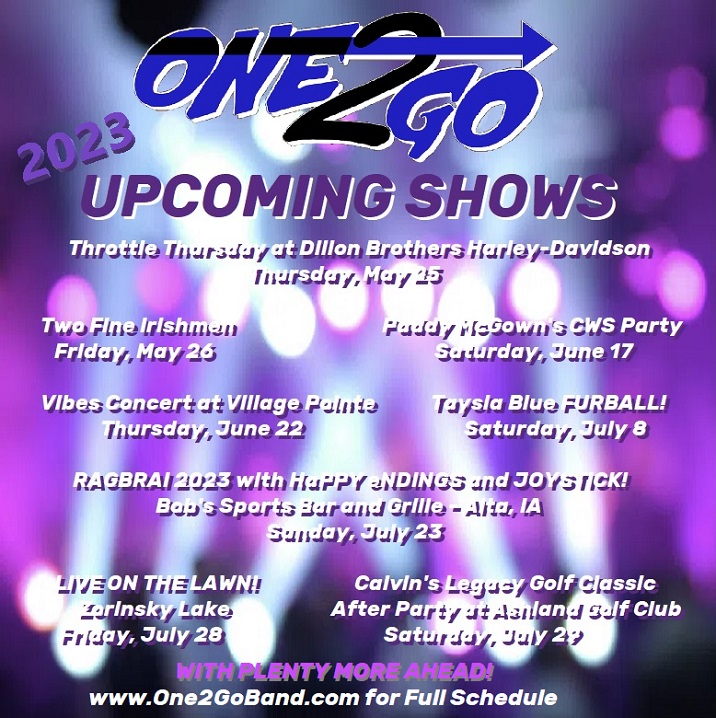One2GoBand's tweet photo. Some of our upcoming shows through July! You can keep up on all of our performances at https://t.co/8KOnMhciVo 🎶🎵🎶

#One2GoBand #OmahaLiveMusic #OmahaEvents https://t.co/vNSGRimhaW