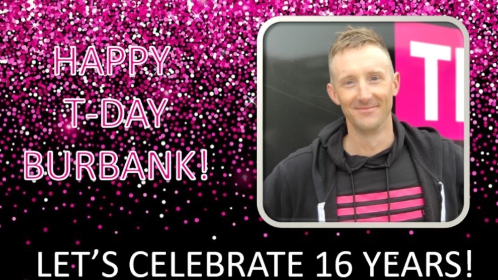 CELEBRATION TIME! 🍾 
Yes, it has been 16 years since Mr. Magenta himself joined T-Mobile!
@MagentaMagnet41 it is great to celebrate your 16 years with the company as a member of SMRA and #NorthTXstars 🤠⭐️
Congrats BURBANK 🌪
<a href="/JonFreier/">Jon Freier</a> <a href="/ChartierDoug/">Doug Chartier</a> <a href="/JohnStevens_/">John Stevens</a> <a href="/yes_i_cantu/">Matt Cantu</a>