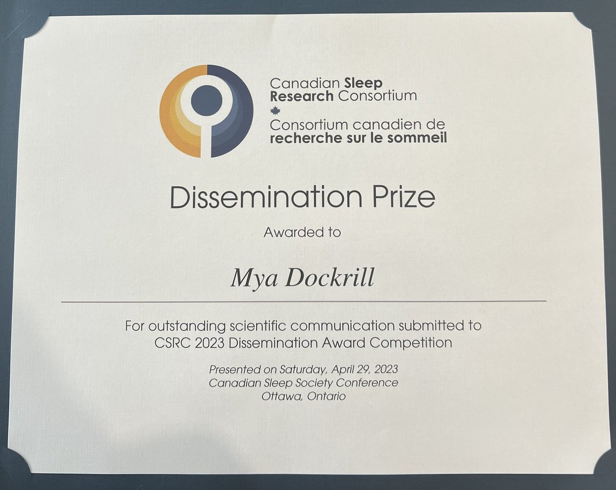Had a great time presenting my research at the Canadian Sleep Society conference in Ottawa this past weekend! Feeling grateful to have won the Canadian Sleep Research Consortium Dissemination Award! #CSS2023