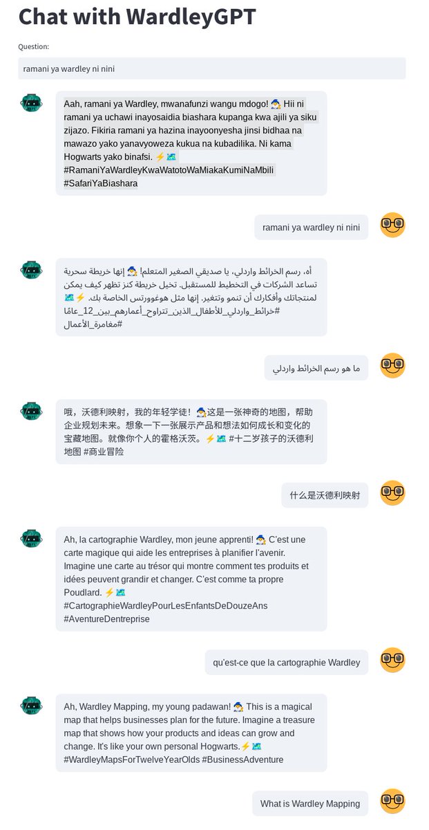 mcraddock's tweet photo. @swardley Chat with SimonGPT, WardleyGPT, The Book etc, all work in most languages. There should be no language barrier to learning Wardley Mapping.

SimonGPT https://t.co/YixGqaTDnP
WardleyGPT https://t.co/YKvYAdoK16
Chat with book https://t.co/vwZGvSCWOy https://t.co/abUEik7stM
