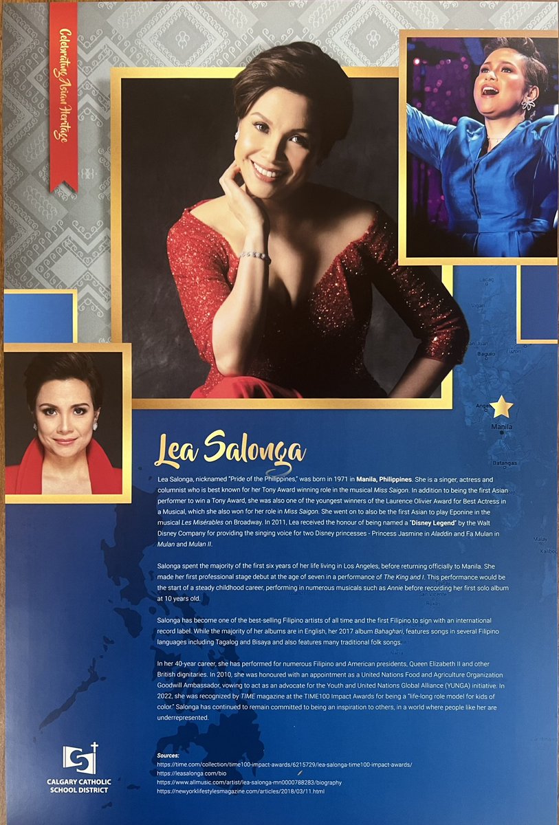 We are honouring the incredible <a href="/MsLeaSalonga/">nu</a> this year for Asian Heritage Month with the @CCSD_edu. An incredible artist, whose voice so many have heard, Salonga pushes boundaries continually and provides space and opportunities for so many Filipino women.