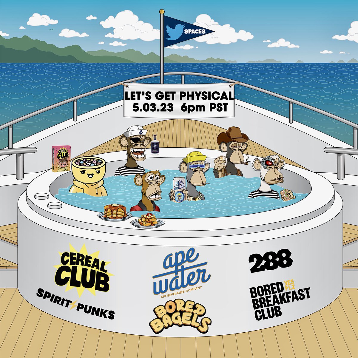 Ape Water (@apebeverages) on Twitter photo LET’S GET PHYSICAL💦📦
Tomorrow, May 3rd at 6pm PST we discuss web 3 IP & physical goods w/
<a href="/cerealclubnft/">Cereal Club</a>
<a href="/SpiritPunks_/">SpiritPunks</a>
<a href="/288gang/">THE 288 🍻🥃</a>
<a href="/Bored_Bagels/">Bored Bagels</a>
<a href="/BoredBreakfast/">BoredBreakfastClub</a>
<a href="/BoredBrewingCo/">The Bored Brewing Company</a>
+ more special guests
Set reminder🔔 x.com/i/spaces/1yNGa…
Surprise giveaways🏆👀 LET’S GET PHYSICAL💦📦
Tomorrow, May 3rd at 6pm PST we discuss web 3 IP & physical goods w/
<a href="/cerealclubnft/">Cereal Club</a>
<a href="/SpiritPunks_/">SpiritPunks</a>
<a href="/288gang/">THE 288 🍻🥃</a>
<a href="/Bored_Bagels/">Bored Bagels</a>
<a href="/BoredBreakfast/">BoredBreakfastClub</a>
<a href="/BoredBrewingCo/">The Bored Brewing Company</a>
+ more special guests
Set reminder🔔 x.com/i/spaces/1yNGa…
Surprise giveaways🏆👀