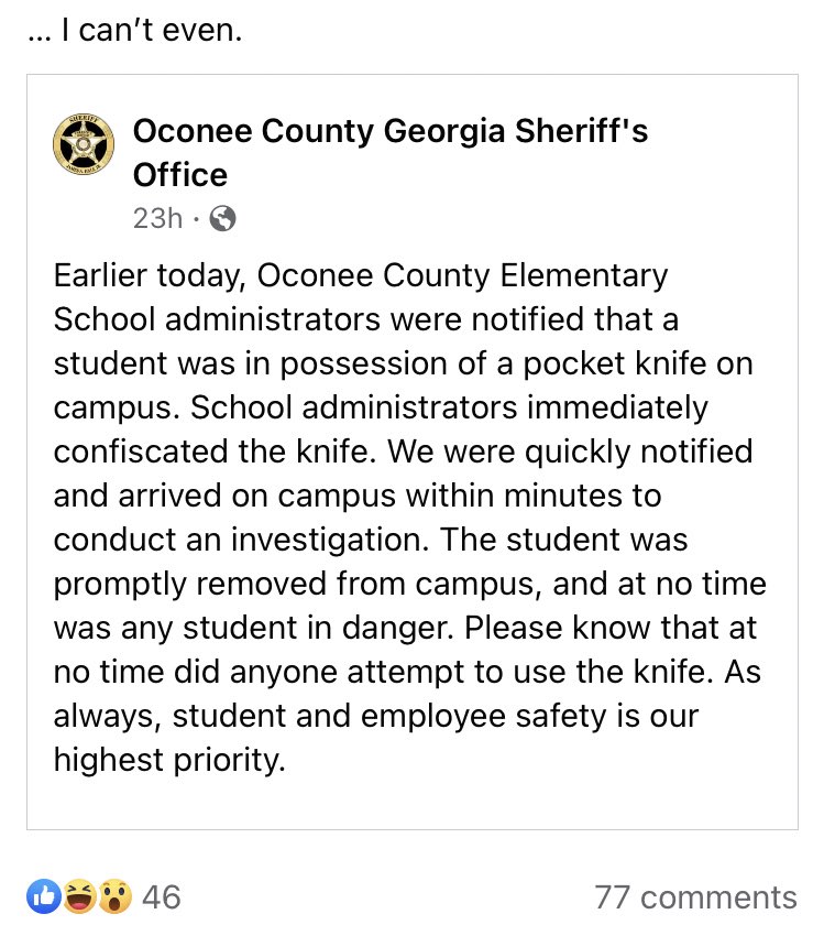 StephMarie015's tweet image. The conservative parent mindset: how bout we go a step further than arming teachers with guns and also let elementary kids carry knives.