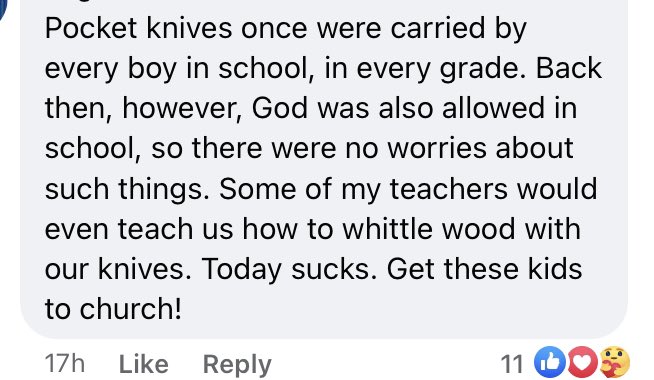 StephMarie015's tweet image. The conservative parent mindset: how bout we go a step further than arming teachers with guns and also let elementary kids carry knives.