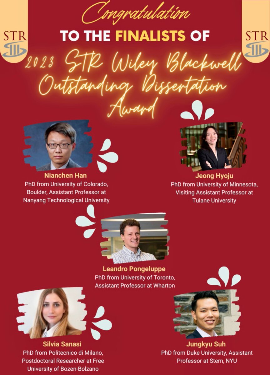 STR - Strategic Management Division (@aom_str) on Twitter photo Big congrats🥳 to the 5️⃣ finalists for the 2023 STR Wiley Blackwell Outstanding Dissertation Award👏
🎉Nianchen Han
🎉Jeong Hyoju <a href="/hyoju_jeong/">Hyoju Jeong</a>
🎉Leandro Pongeluppe <a href="/LSPongeluppe/">Leandro Pongeluppe</a>
🎉Silvia Sanasi <a href="/_silviasanasi/">Silvia Sanasi</a>
🎉Jungkyu Suh <a href="/jungkyusuh/">Jungkyu Suh</a> Big congrats🥳 to the 5️⃣ finalists for the 2023 STR Wiley Blackwell Outstanding Dissertation Award👏
🎉Nianchen Han
🎉Jeong Hyoju <a href="/hyoju_jeong/">Hyoju Jeong</a>
🎉Leandro Pongeluppe <a href="/LSPongeluppe/">Leandro Pongeluppe</a>
🎉Silvia Sanasi <a href="/_silviasanasi/">Silvia Sanasi</a>
🎉Jungkyu Suh <a href="/jungkyusuh/">Jungkyu Suh</a>