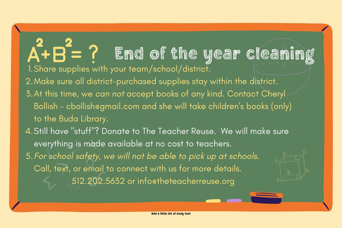 Central Texas Teachers are donating to The Teacher Reuse.  
Supplies from community members, businesses &amp; retiring teachers are accepted and made available to teachers at no cost.  Donate supplies or funds to help us continue giving supplies to teachers! theteacherreuse.org
