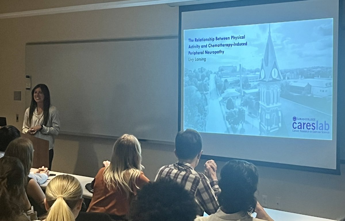 KTB_PhD's tweet photo. 5/ Senior Livy Lansing gave an awesome talk looking at the role of physical activity in navigating chemotherapy-induced peripheral neuropathy while discussing some of the approaches that we take in the #CARESLab to help our patients with CIPN. https://t.co/77WEcQqF6x