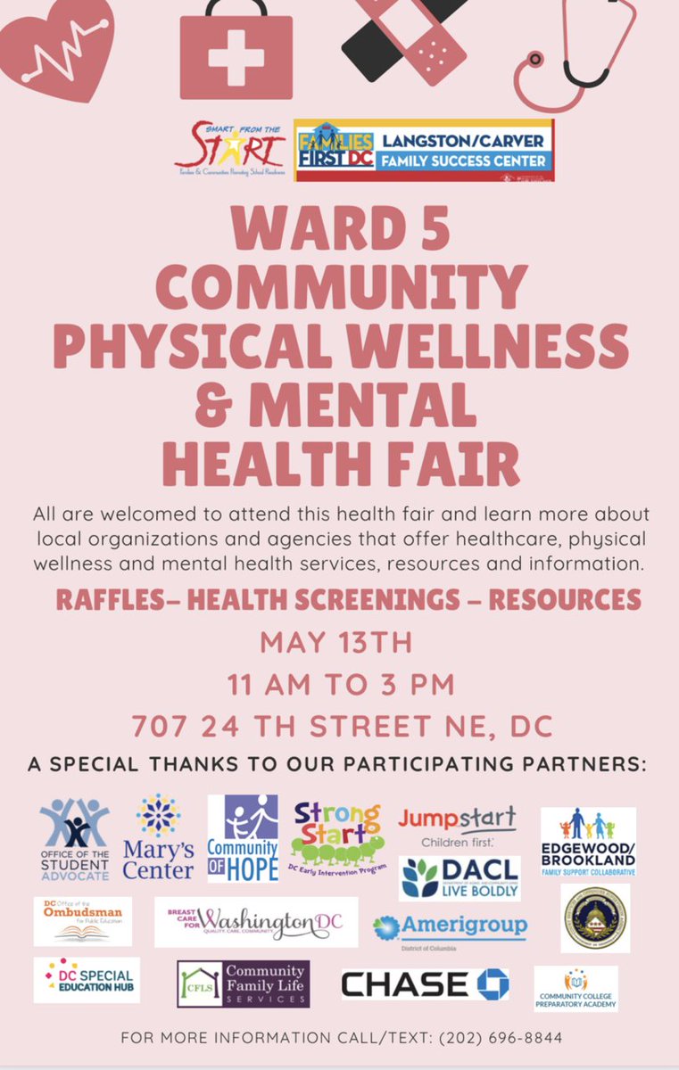 Excited to join Smart From the Start for a Community Wellness & Mental Health Fair in Ward 5! Join us! 🎉

¡Nos unimos a Smart From the Start para una Feria de Bienestar y Salud Mental en la zona 5! ¡Únete a nosotros! 🎉 

#SpecialEducationDc  #DcPublicDchools #DcCommunity