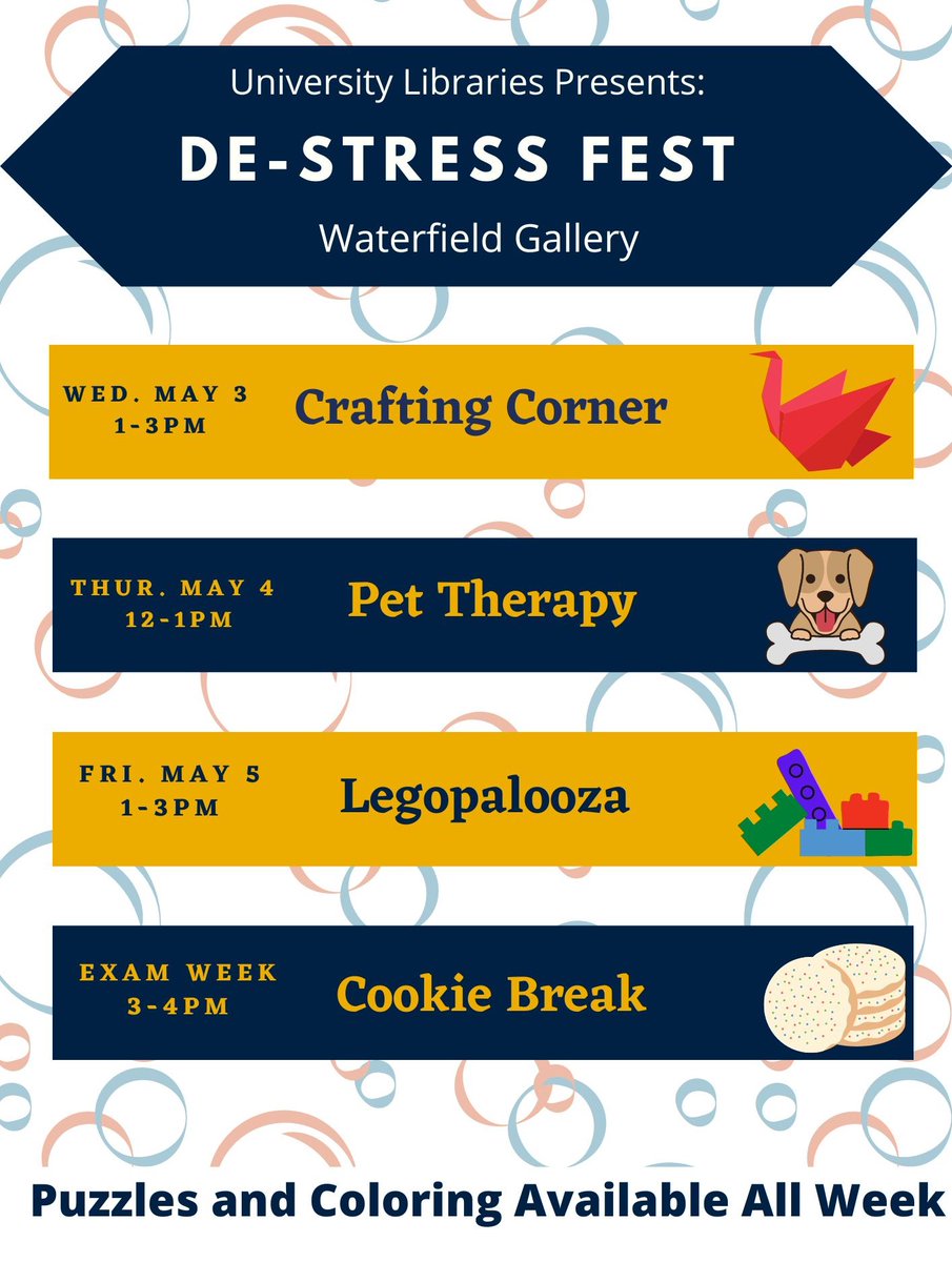 De-stress Fest kicks off tomorrow! Take a break from studying and stop by the Waterfield Gallery for some relaxing activities.