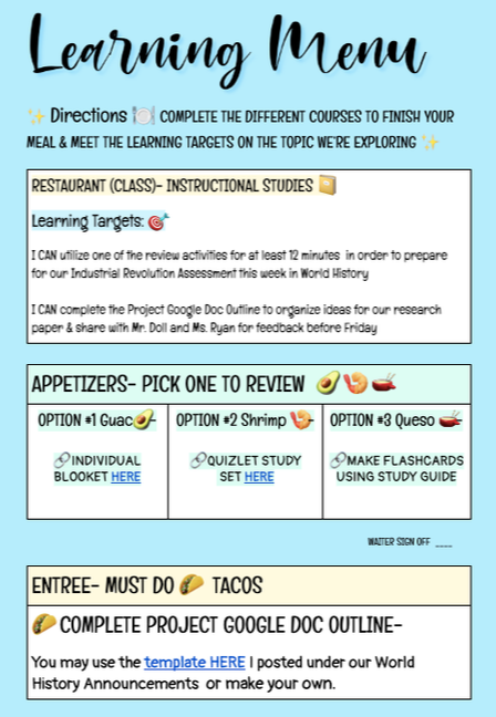 TCEA's tweet photo. 📺Check out this LEARNING MENU template created by @jryan412
 Let your Ss choose their path to hit their targets🎯🎯🎯
__________________________________________
https://t.co/ZlNx6sDUSR #teachingideas #learning #iteach https://t.co/FfvivEqbXY