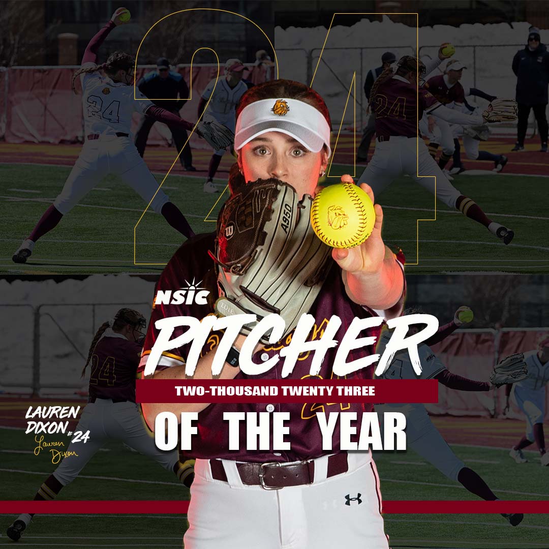 UMDBulldogs's tweet photo. A conference run for the record books 📚
  
Lauren Dixon becomes UMD's first NSIC Pitcher of the Year since 2003, joining four other Bulldogs on All-Conference Teams.

Learn more here: https://t.co/MJdAd4e6A9

#UMDProud #Competition https://t.co/aepA5PQHtK