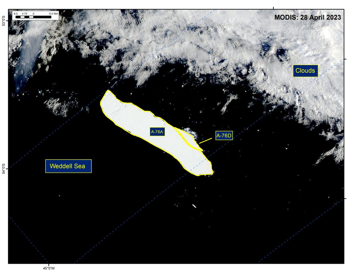 USNIC analyst Britney Fajardo has confirmed #iceberg A-76D has formed in the Weddell Sea. A-76D calved from from A-76A and was originally spotted by Dr. Jan Lieser of Australia's Bureau of Meteorology and comes in at an impressive 19x4nm.