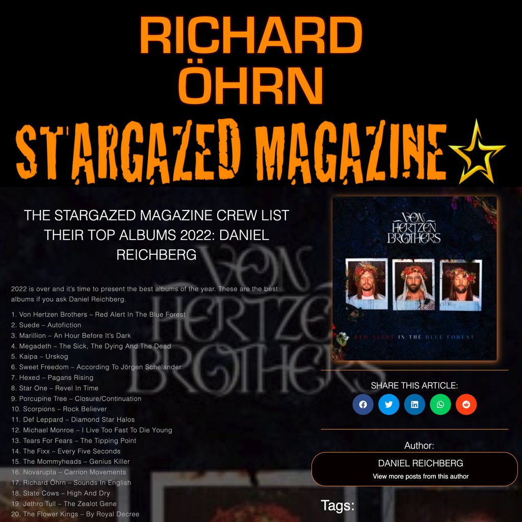 STARGAZED MAGAZINE's Best of 2022 with RICHARD ÖHRN in the Top 25 with 'Sounds In English' (out now: orcd.co/richardohrn-al…)! Full list with some heavy hitters alongside Richard:
stargazed.net/news/the-starg…
#StargazedMagazine #BestOf2022 #RichardOhrn #IndiePop #RetroPop #JangleRock