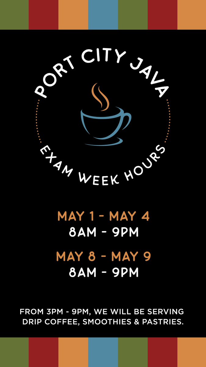 Looking for the perfect STUDY LOCATION? Look no further! We are extending Port City Java hours so it will now be open from 3 - 9PM with a limited menu during exam week this week and next. Come by and get some fuel and study with us! ☕️📚 

#examweek #WellFedandHappy