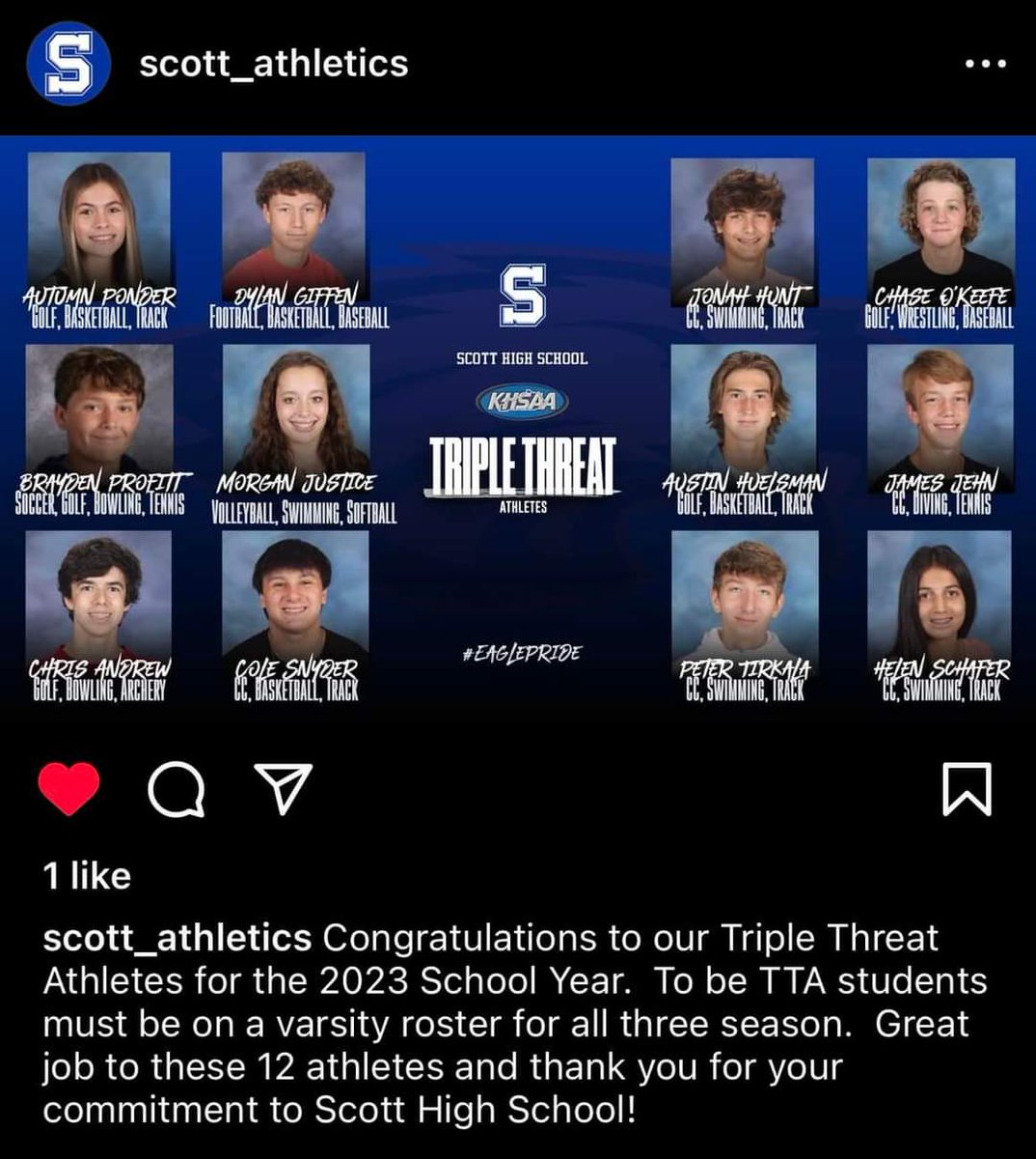 Congrats to our Triple Threat Athletes:  Morgan Justice, James Jehn, Jonah Hunt, Peter Tirkala, and Helen Schafer!!