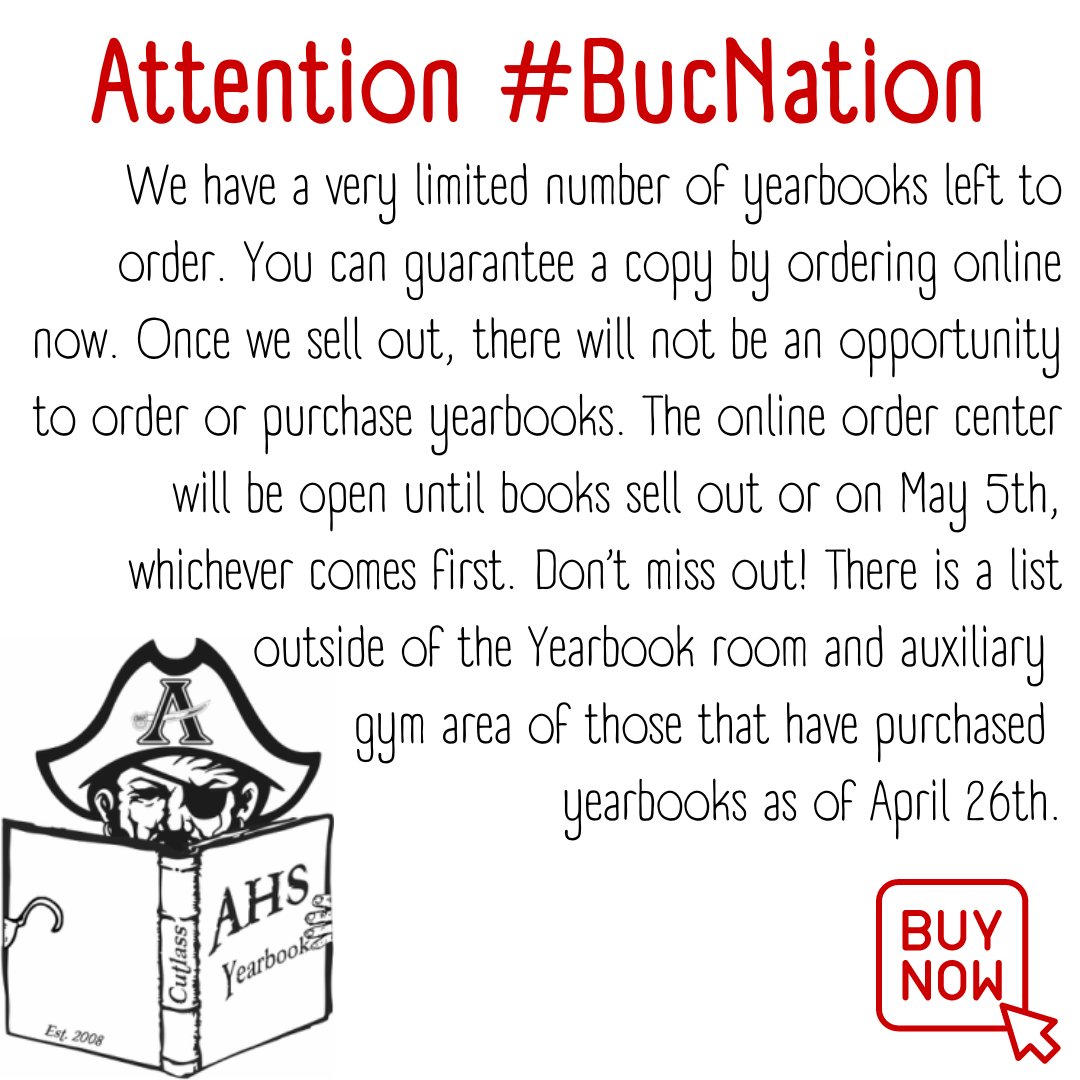 allatoona_hs's tweet photo. Attn #BucNation - important Yearbook Info! #GoBucs #AnchoredInExcellence @cobbschools https://t.co/QMgWlq3WQe