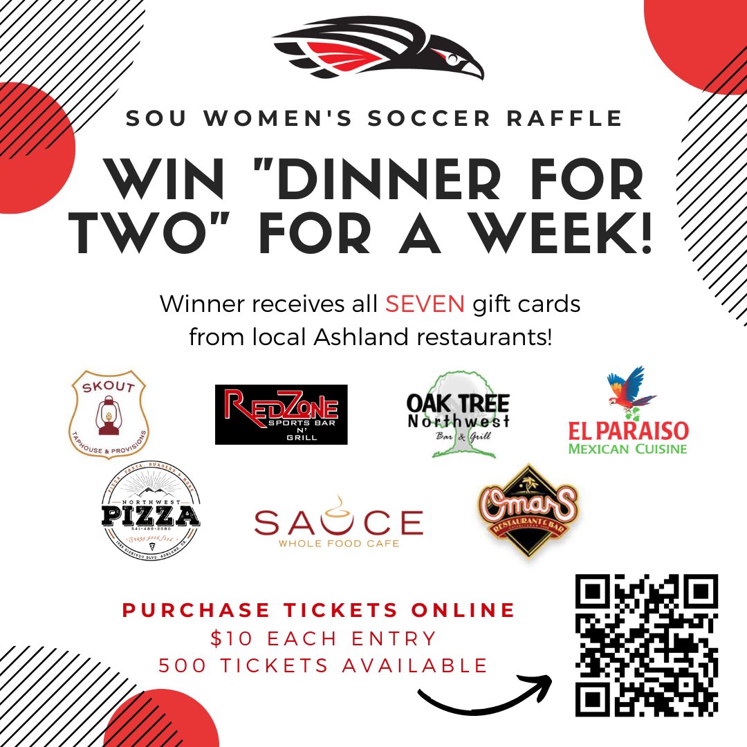 🎟️ RAFFLE TIME! 🎟️ 

Win a “Dinner for Two for a Week” in Ashland! The winner will receive 7 gift cards, for a total value of $325! 🔥

Tickets are $10 and can be purchased at giving.sou.edu/soccerraffle

The raffle closes when 500 tickets have been sold. Thank you for your support!