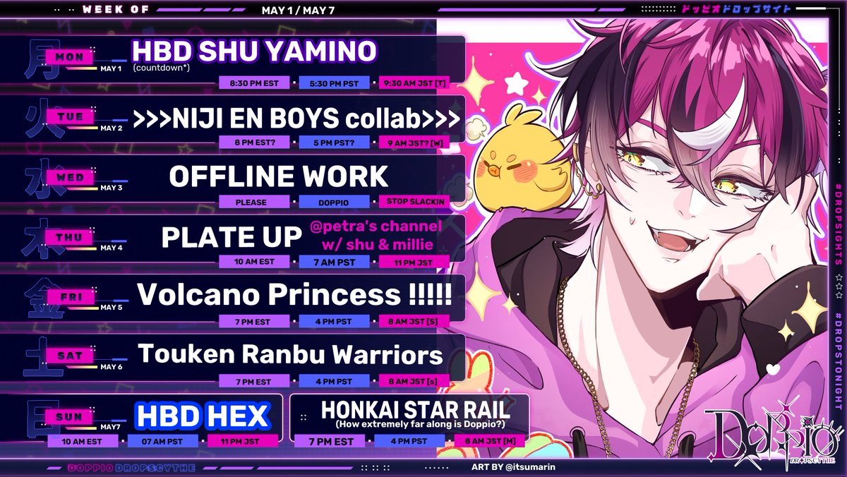 D_Dropscythe's tweet photo. 🎂HBD TO SHU 👟 & HEX 🖤!
【5/1-5/7】🎡🐣🎡🐣
🐣MEME/CLIPS: #Doppameme
🎡LIVE: #Dropstonight
🐣SFW ART: #Dropsights / NSFW: #Dropshy
🎡STREAMS ASSETS: #Doppioassets
🐣STREAM THUMBNAILS: #Doppionails
🎡ASMR SCRIPTS: #Doppioscripts
🐣FAN NAME: #Scythekicks
🎡COSPLAY: #Dripscythe https://t.co/IWSfT8QZUk