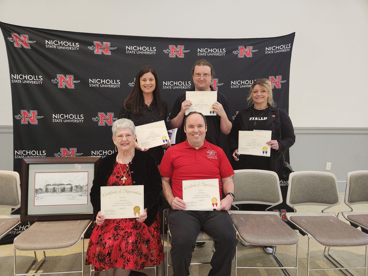 NichollsLibrary's tweet image. Congrats to Cain, April, Brandy, William, and Cheryl for your many years of service! Cheryl got an award for 35 years of service!!