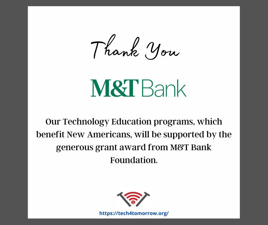 T4TUSA's tweet image. Thank you, @MandT_Bank! #TechnologyEducation #NewAmericans #MandTBank #MandTBankFoundation #GrantAward #CommunitySupport #EducationPrograms #ImmigrantEducation #Communitybank #Philanthropy